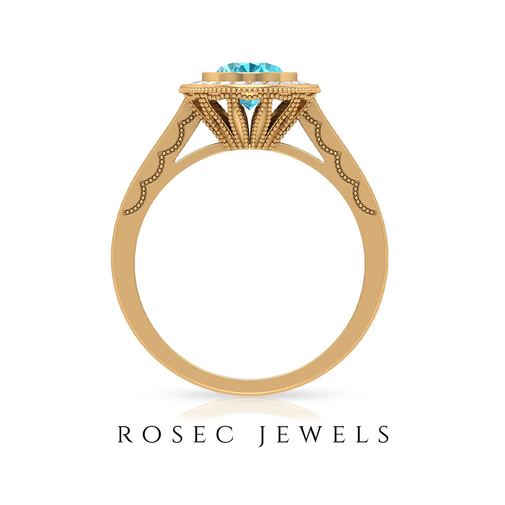 8X6 MM Oval Cut Swiss Blue Topaz Solitaire with Diamond Milgrain Ring Swiss Blue Topaz - ( AAA ) - Quality - Rosec Jewels