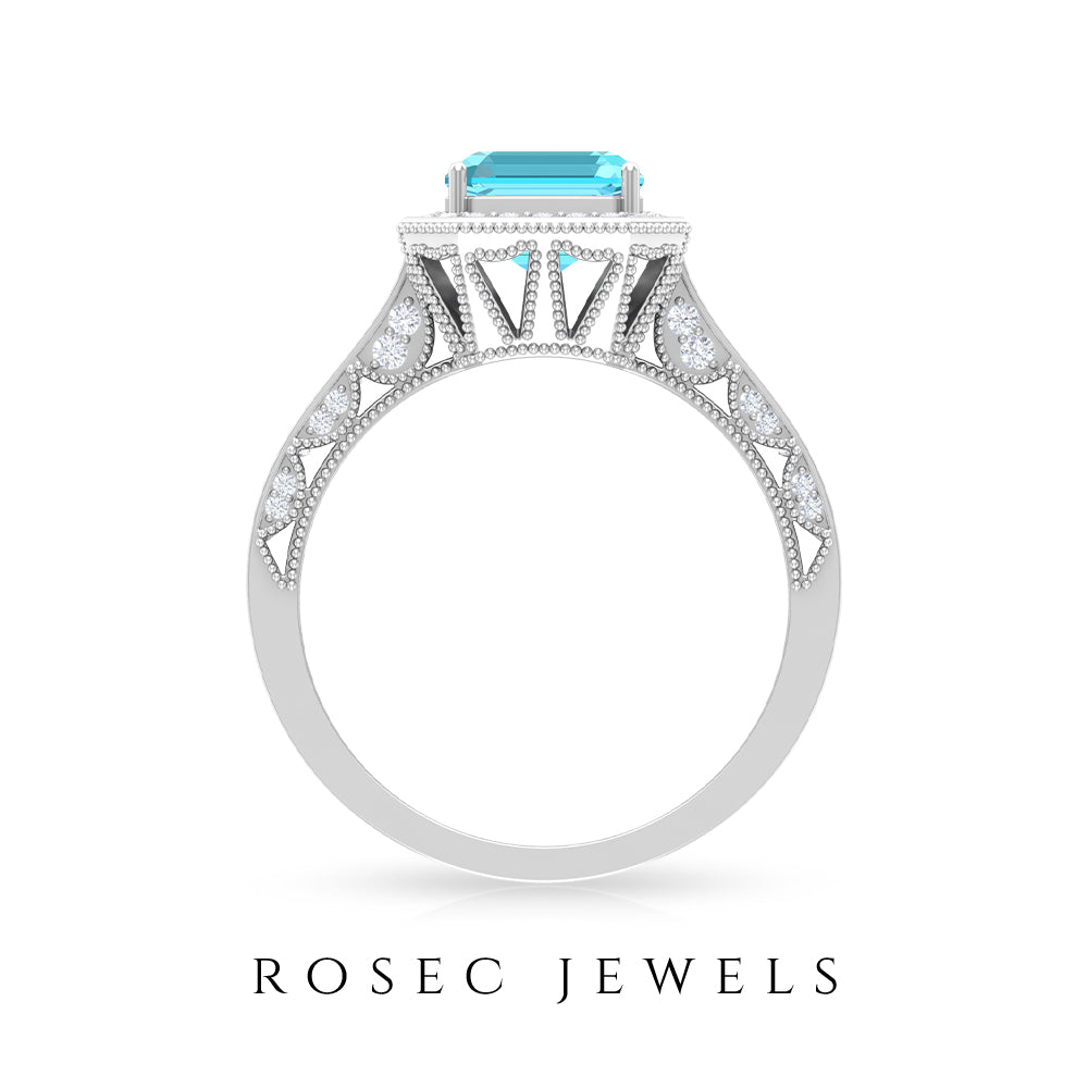 4 CT Asscher Cut Swiss Blue Topaz Vintage Engagement Ring with Moissanite Accent Swiss Blue Topaz - ( AAA ) - Quality - Rosec Jewels