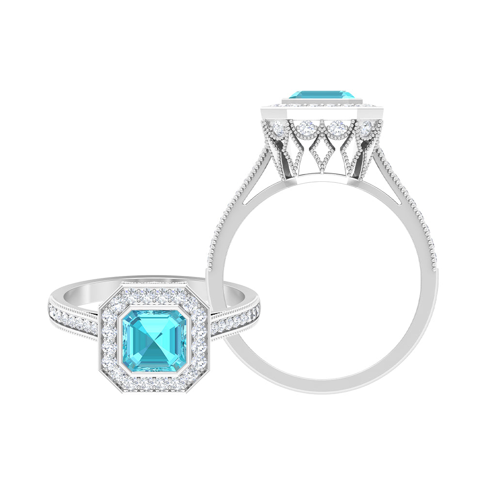 6 MM Asscher Cut Swiss Blue Topaz Solitaire with Diamond Side Stone Ring Swiss Blue Topaz - ( AAA ) - Quality - Rosec Jewels