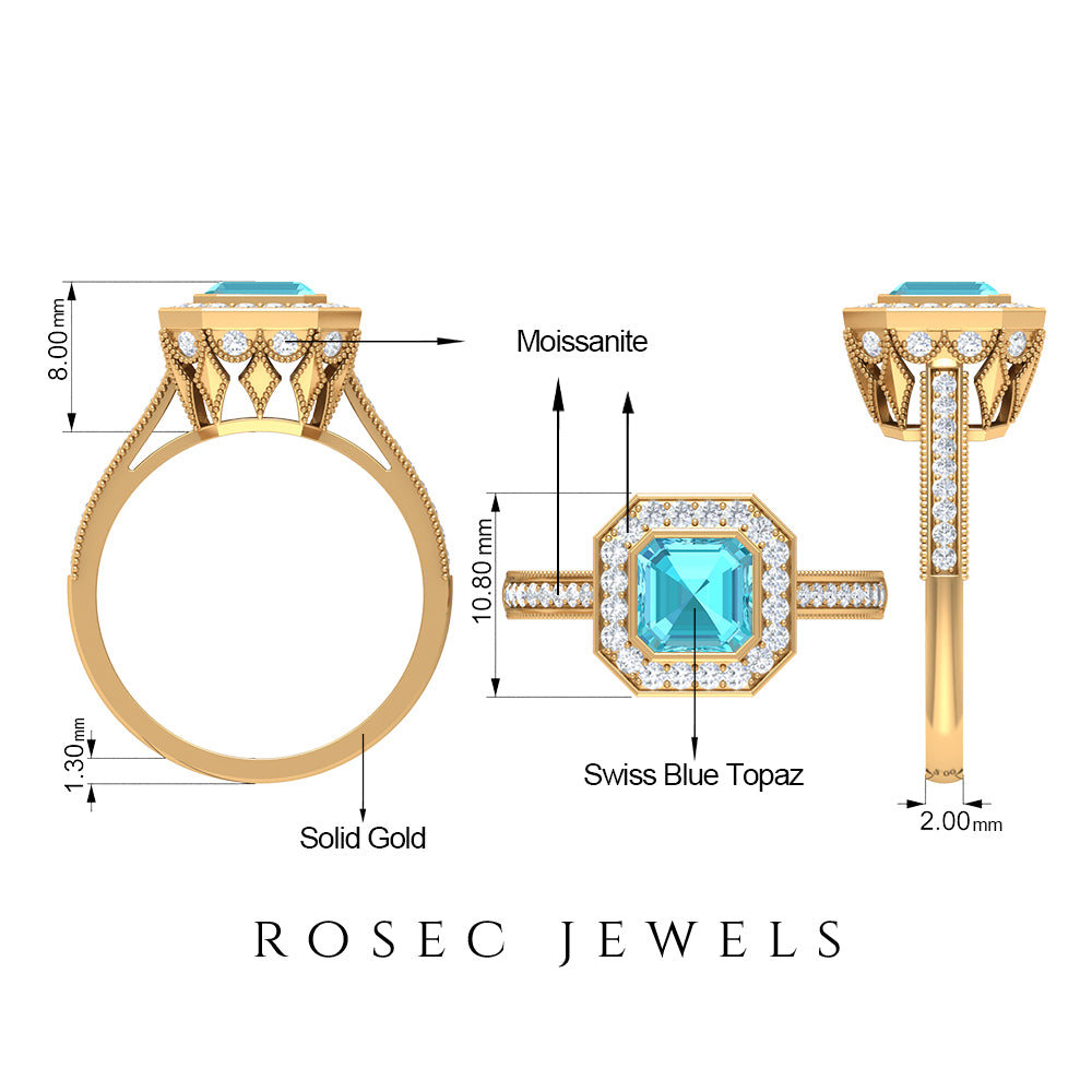 6 MM Asscher Cut Swiss Blue Topaz Solitaire with Diamond Side Stone Ring Swiss Blue Topaz - ( AAA ) - Quality - Rosec Jewels