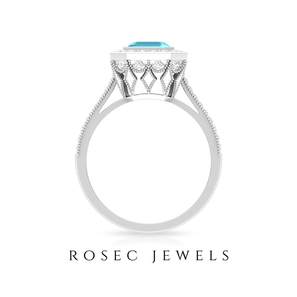 6 MM Asscher Cut Swiss Blue Topaz Solitaire with Diamond Side Stone Ring Swiss Blue Topaz - ( AAA ) - Quality - Rosec Jewels