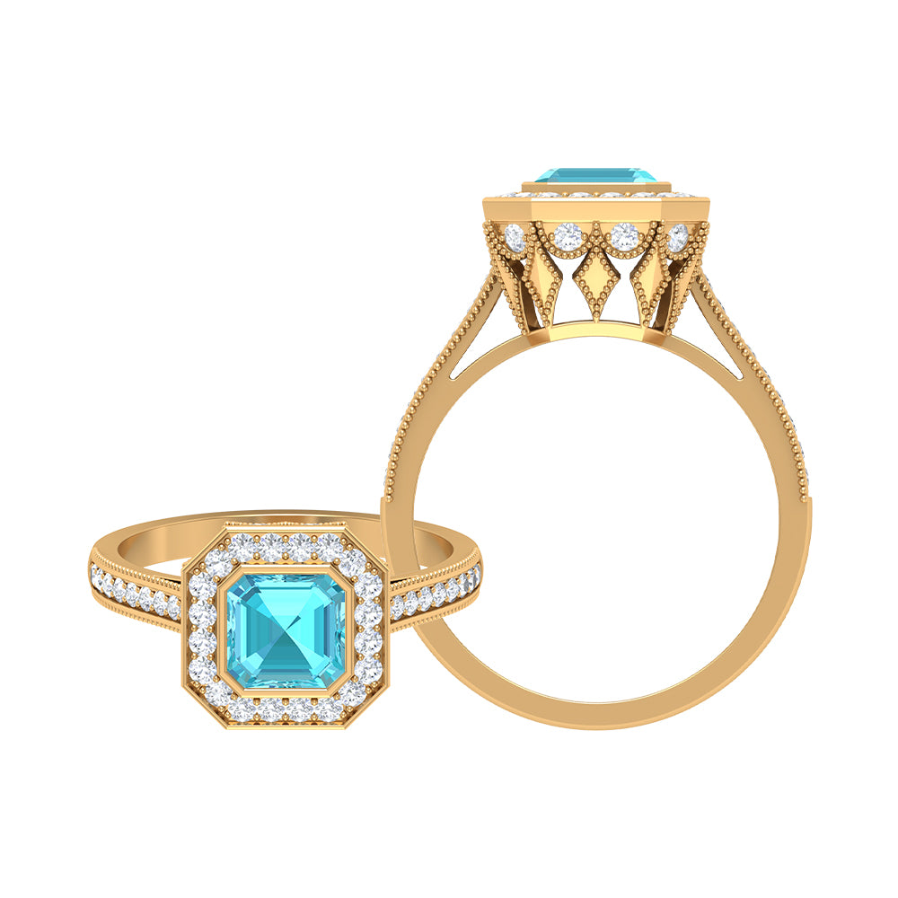 6 MM Asscher Cut Swiss Blue Topaz Solitaire with Diamond Side Stone Ring Swiss Blue Topaz - ( AAA ) - Quality - Rosec Jewels