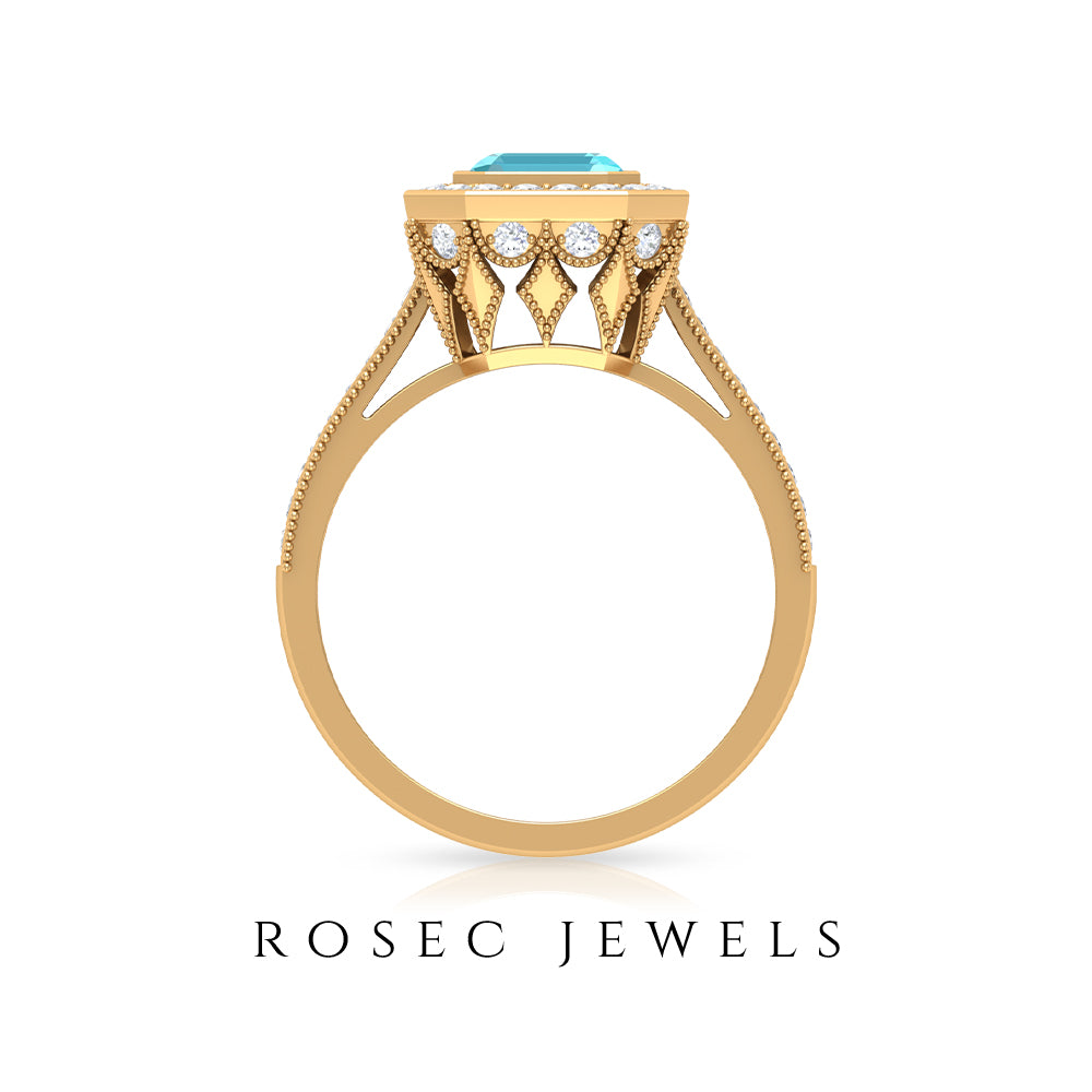 6 MM Asscher Cut Swiss Blue Topaz Solitaire with Diamond Side Stone Ring Swiss Blue Topaz - ( AAA ) - Quality - Rosec Jewels