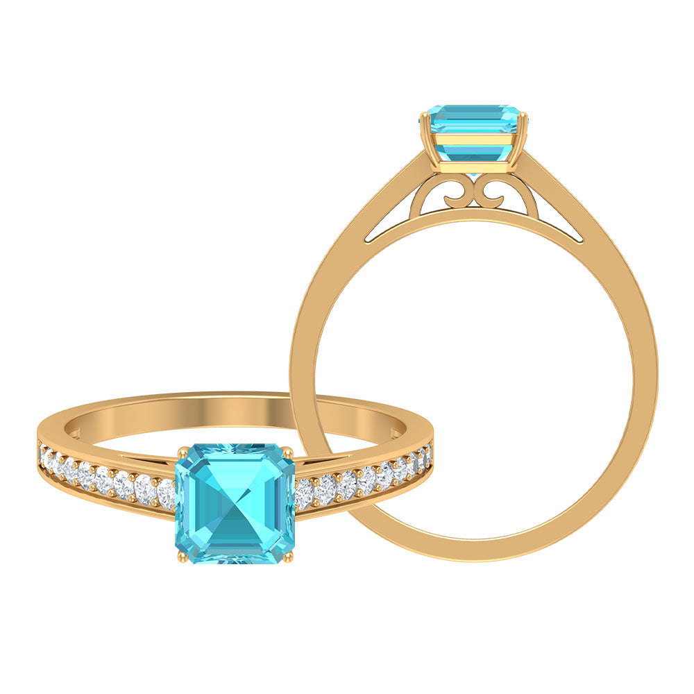 1.75 CT Swiss Blue Topaz Solitaire Ring with Diamond Side Stones Swiss Blue Topaz - ( AAA ) - Quality - Rosec Jewels