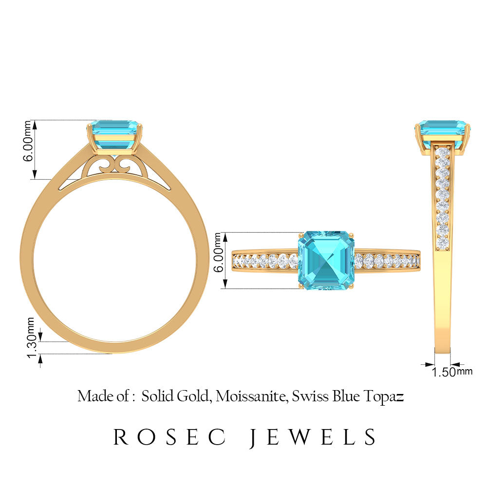 1.75 CT Swiss Blue Topaz Solitaire Ring with Diamond Side Stones Swiss Blue Topaz - ( AAA ) - Quality - Rosec Jewels