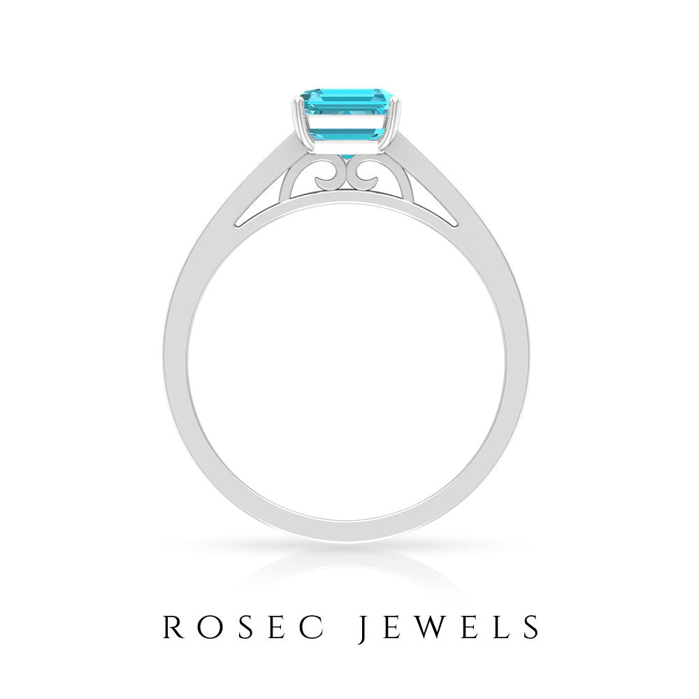 6X8 MM Emerald Cut Shaped Swiss Blue Topaz Solitaire with Diamond Side Stone Ring Swiss Blue Topaz - ( AAA ) - Quality - Rosec Jewels