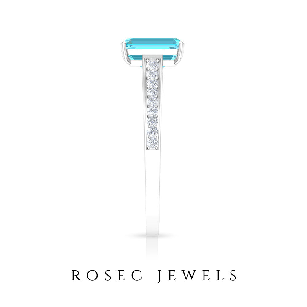 6X8 MM Emerald Cut Shaped Swiss Blue Topaz Solitaire with Diamond Side Stone Ring Swiss Blue Topaz - ( AAA ) - Quality - Rosec Jewels