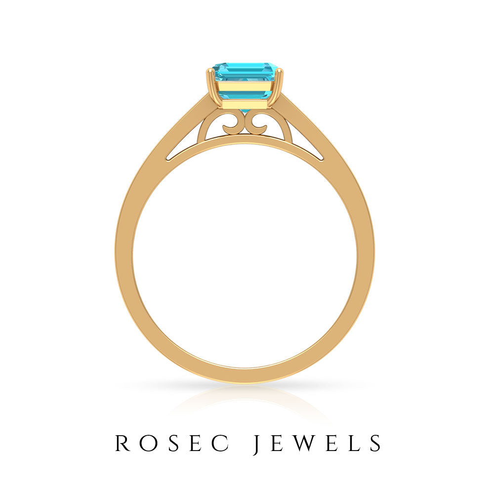 6X8 MM Emerald Cut Shaped Swiss Blue Topaz Solitaire with Diamond Side Stone Ring Swiss Blue Topaz - ( AAA ) - Quality - Rosec Jewels