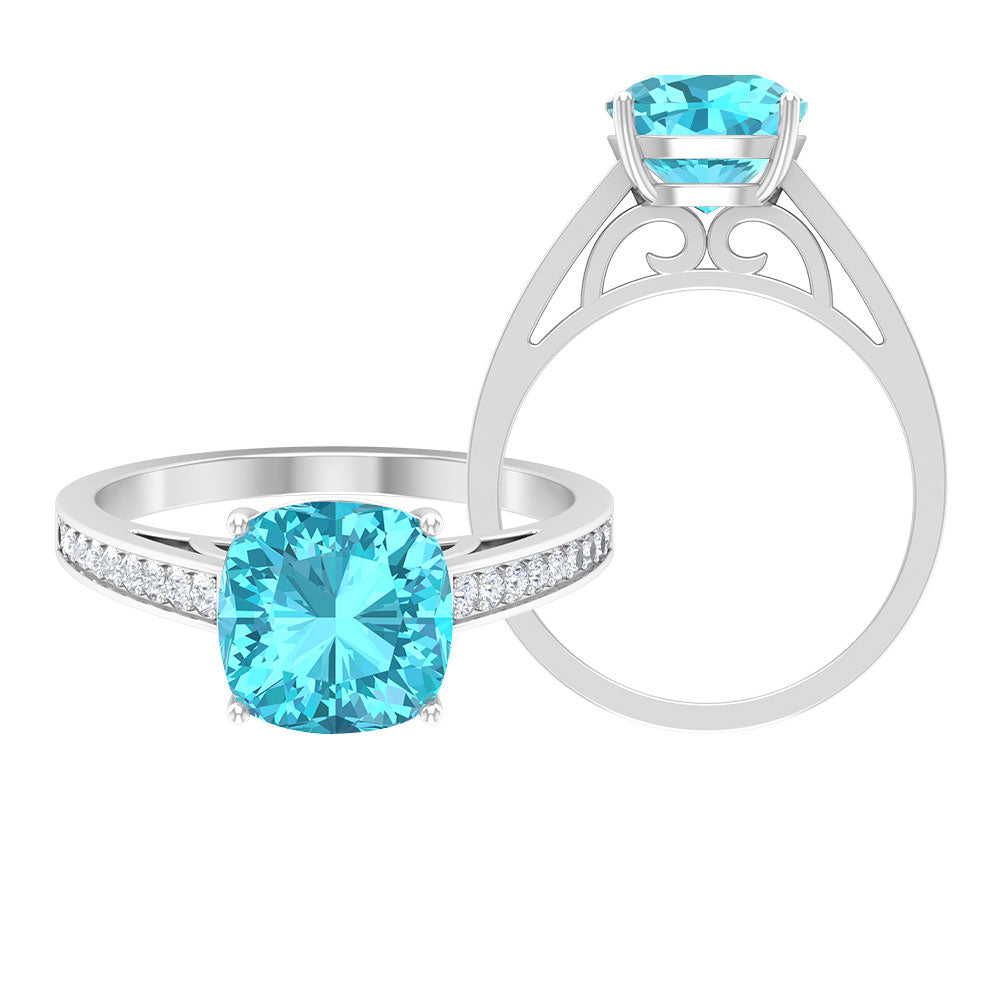 8.5 MM Cushion Cut Swiss Blue Topaz Solitaire with Diamond Side Stone Ring Swiss Blue Topaz - ( AAA ) - Quality - Rosec Jewels