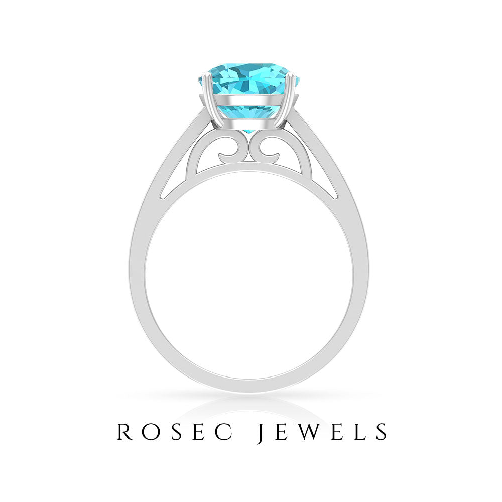 8.5 MM Cushion Cut Swiss Blue Topaz Solitaire with Diamond Side Stone Ring Swiss Blue Topaz - ( AAA ) - Quality - Rosec Jewels