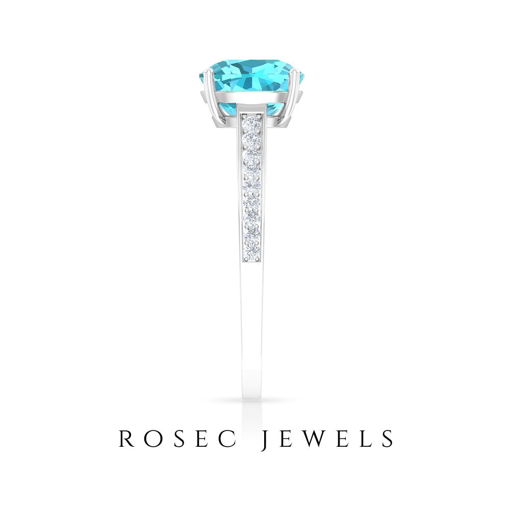 8.5 MM Cushion Cut Swiss Blue Topaz Solitaire with Diamond Side Stone Ring Swiss Blue Topaz - ( AAA ) - Quality - Rosec Jewels