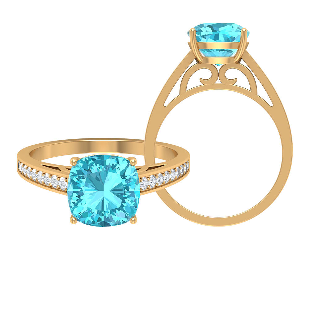 8.5 MM Cushion Cut Swiss Blue Topaz Solitaire with Diamond Side Stone Ring Swiss Blue Topaz - ( AAA ) - Quality - Rosec Jewels