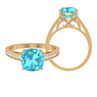 8.5 MM Cushion Cut Swiss Blue Topaz Solitaire with Diamond Side Stone Ring Swiss Blue Topaz - ( AAA ) - Quality - Rosec Jewels