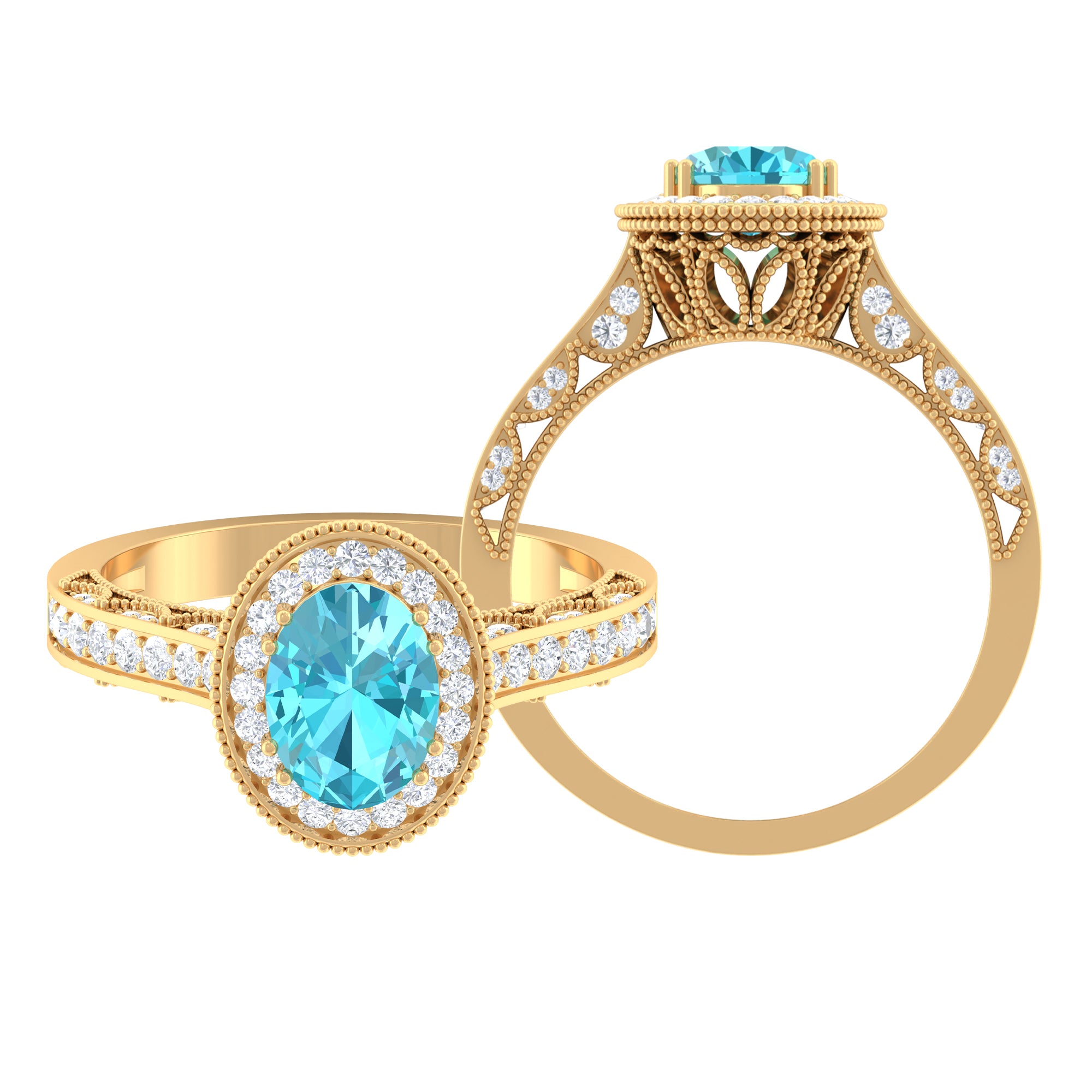 2 CT Vintage Engagement Ring with Swiss Blue Topaz and Diamond Swiss Blue Topaz - ( AAA ) - Quality - Rosec Jewels