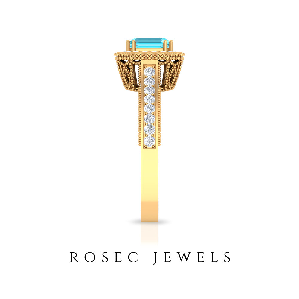 Asscher Cut Swiss Blue Topaz and Moissanite Engagement Ring Swiss Blue Topaz - ( AAA ) - Quality - Rosec Jewels