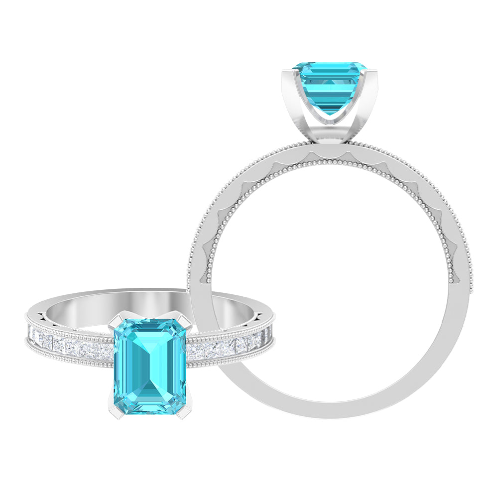 Milgrain Detailed Swiss Blue Topaz Solitaire Ring with Diamond Swiss Blue Topaz - ( AAA ) - Quality - Rosec Jewels