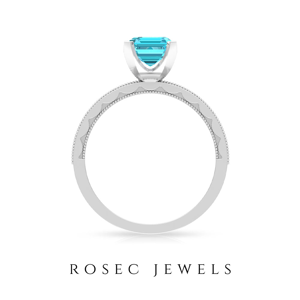 Milgrain Detailed Swiss Blue Topaz Solitaire Ring with Diamond Swiss Blue Topaz - ( AAA ) - Quality - Rosec Jewels