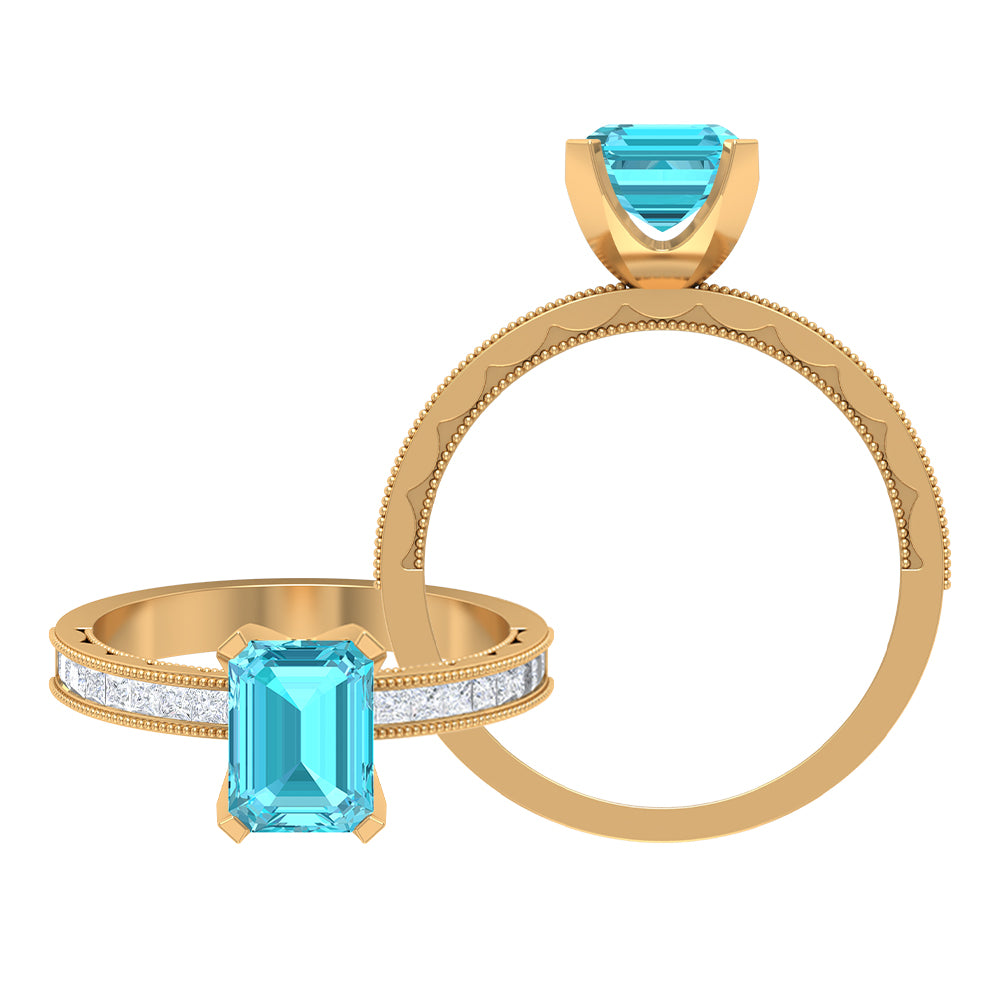 Milgrain Detailed Swiss Blue Topaz Solitaire Ring with Diamond Swiss Blue Topaz - ( AAA ) - Quality - Rosec Jewels