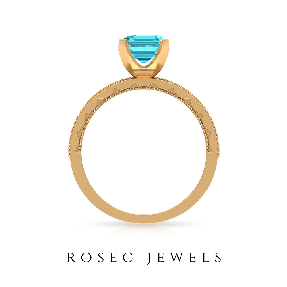 Milgrain Detailed Swiss Blue Topaz Solitaire Ring with Diamond Swiss Blue Topaz - ( AAA ) - Quality - Rosec Jewels