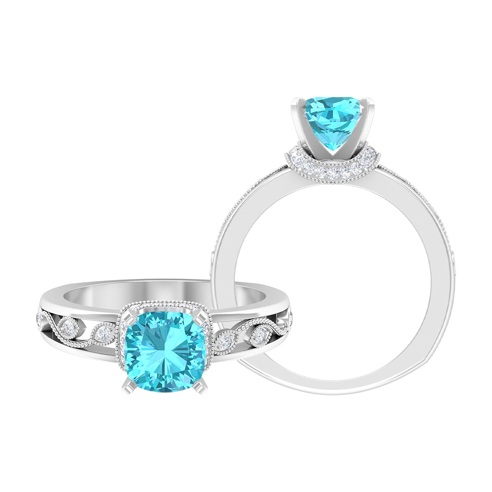 Cushion Cut Swiss Blue Topaz Solitaire Ring with Diamond Accents and Milgrain Details Swiss Blue Topaz - ( AAA ) - Quality - Rosec Jewels