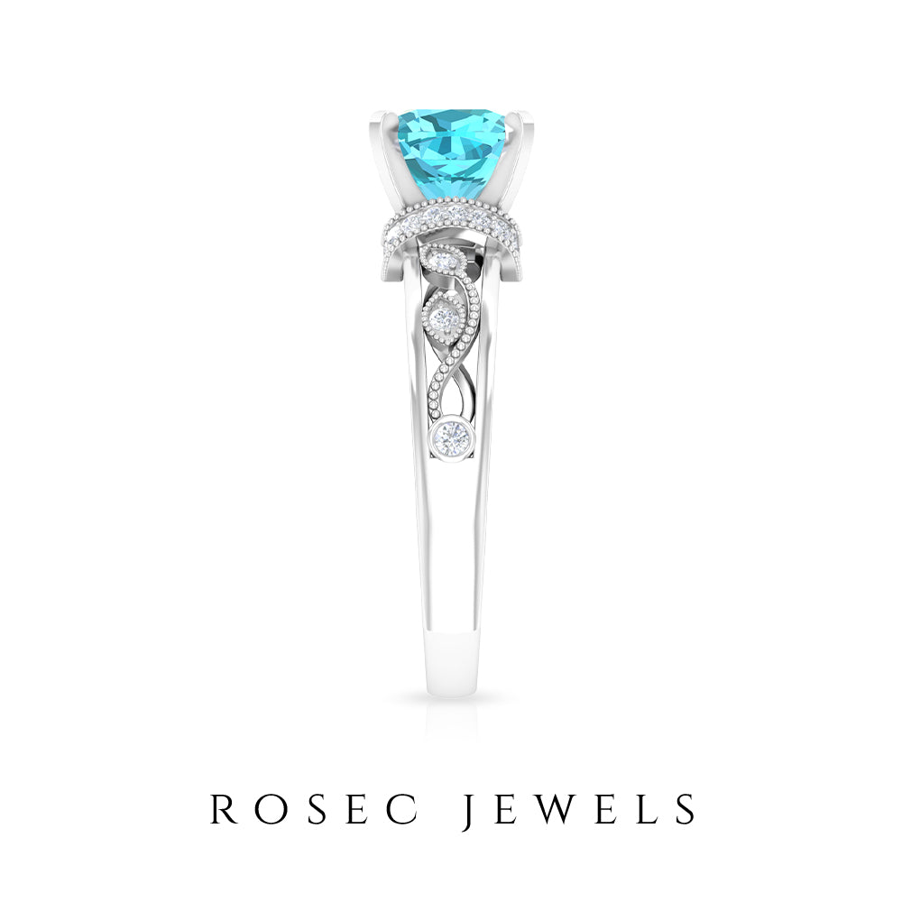 Cushion Cut Swiss Blue Topaz Solitaire Ring with Diamond Accents and Milgrain Details Swiss Blue Topaz - ( AAA ) - Quality - Rosec Jewels