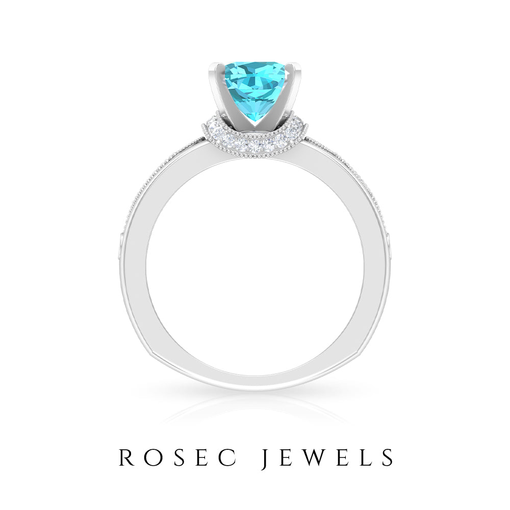 Cushion Cut Swiss Blue Topaz Solitaire Ring with Diamond Accents and Milgrain Details Swiss Blue Topaz - ( AAA ) - Quality - Rosec Jewels