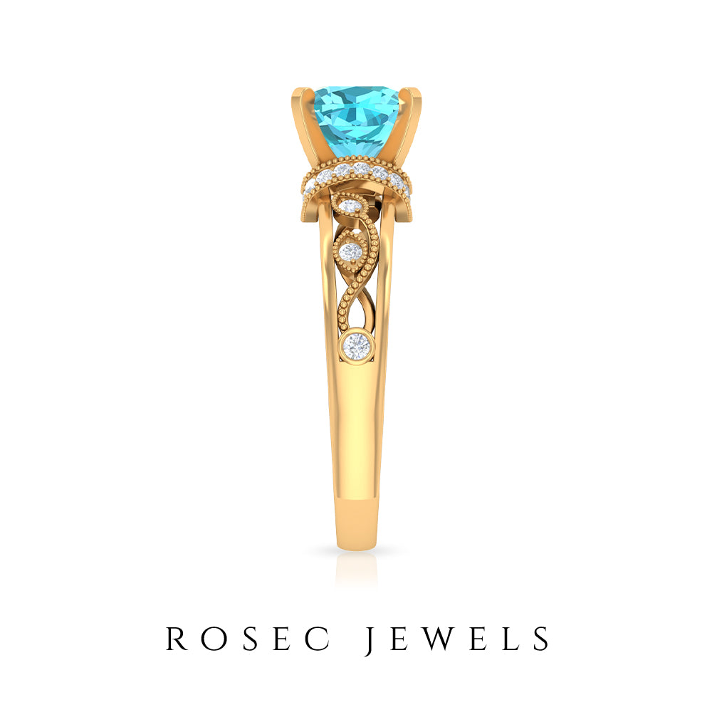 Cushion Cut Swiss Blue Topaz Solitaire Ring with Diamond Accents and Milgrain Details Swiss Blue Topaz - ( AAA ) - Quality - Rosec Jewels