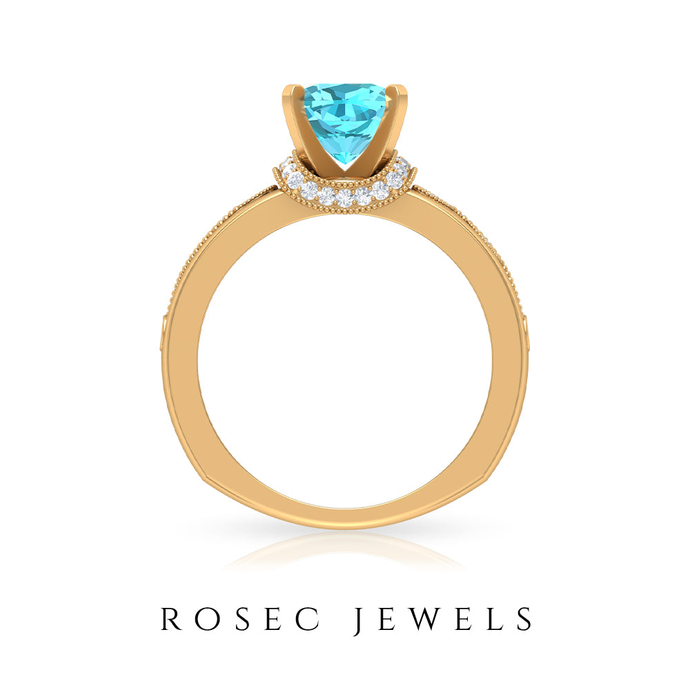 Cushion Cut Swiss Blue Topaz Solitaire Ring with Diamond Accents and Milgrain Details Swiss Blue Topaz - ( AAA ) - Quality - Rosec Jewels