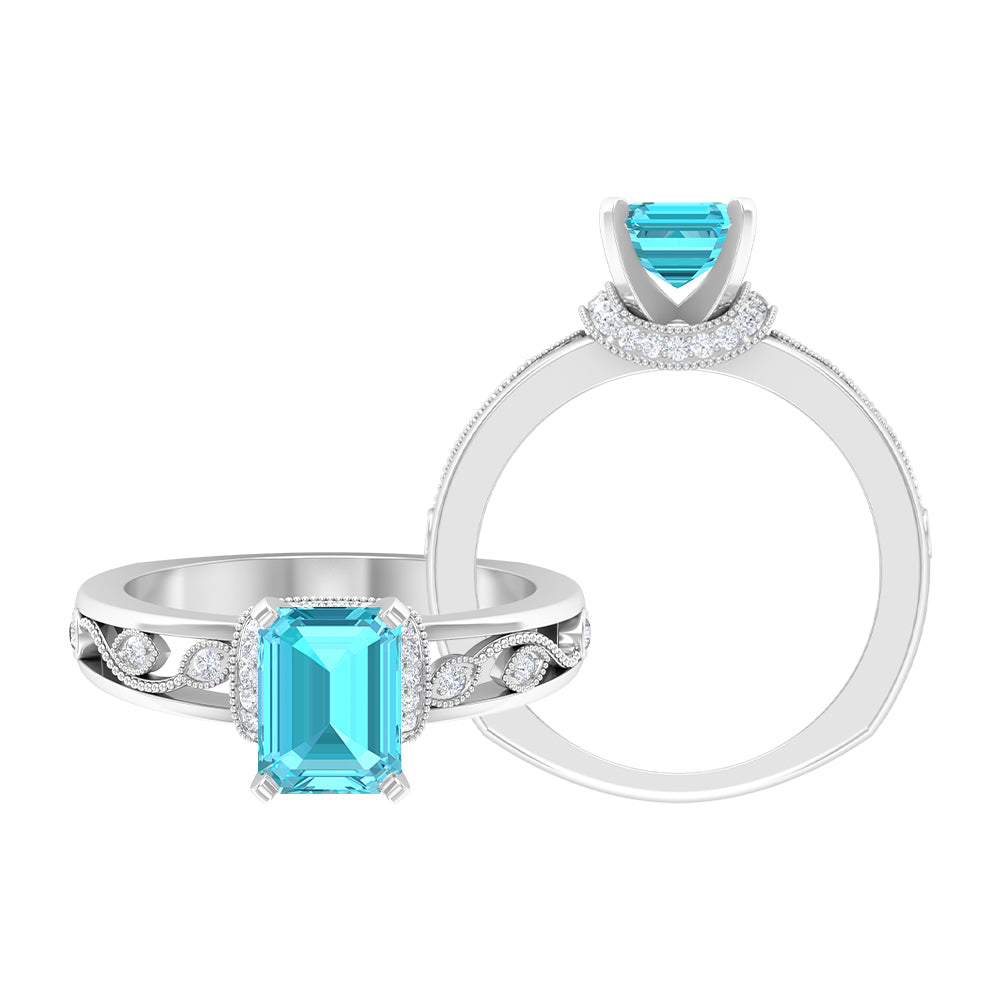 Swiss Blue Topaz Solitaire Ring with Diamond Accent and Milgrain Details Swiss Blue Topaz - ( AAA ) - Quality - Rosec Jewels