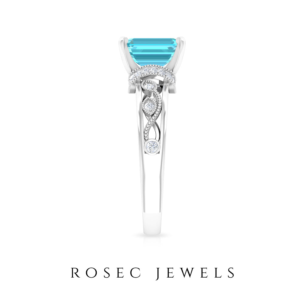 Swiss Blue Topaz Solitaire Ring with Diamond Accent and Milgrain Details Swiss Blue Topaz - ( AAA ) - Quality - Rosec Jewels