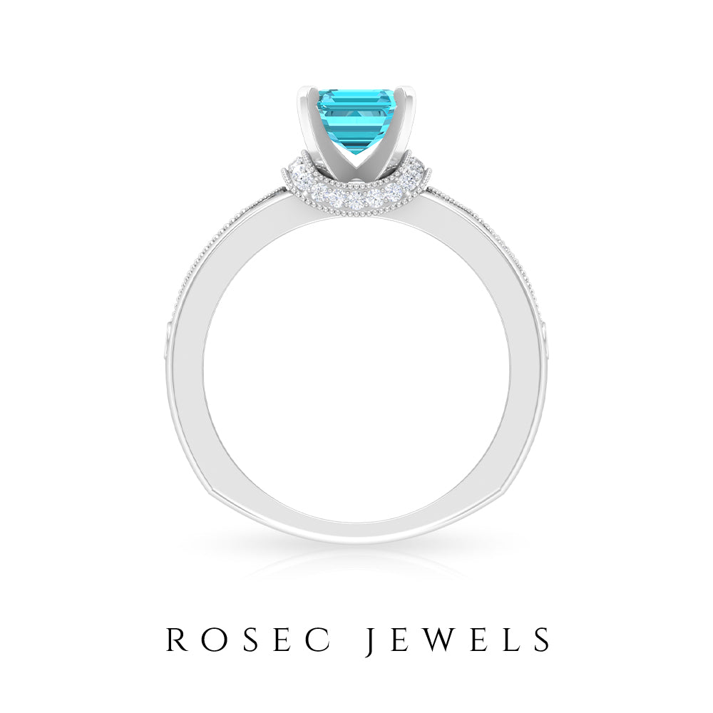 Swiss Blue Topaz Solitaire Ring with Diamond Accent and Milgrain Details Swiss Blue Topaz - ( AAA ) - Quality - Rosec Jewels