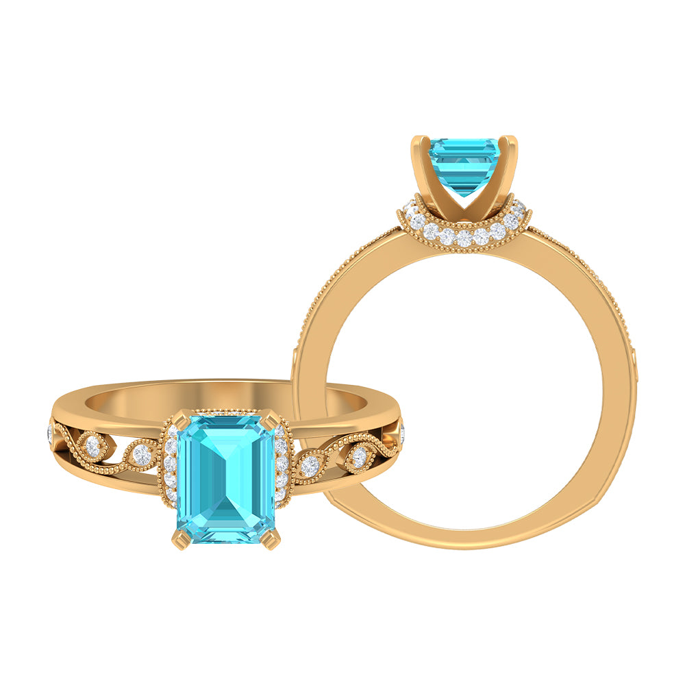 Swiss Blue Topaz Solitaire Ring with Diamond Accent and Milgrain Details Swiss Blue Topaz - ( AAA ) - Quality - Rosec Jewels