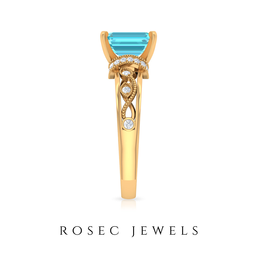 Swiss Blue Topaz Solitaire Ring with Diamond Accent and Milgrain Details Swiss Blue Topaz - ( AAA ) - Quality - Rosec Jewels