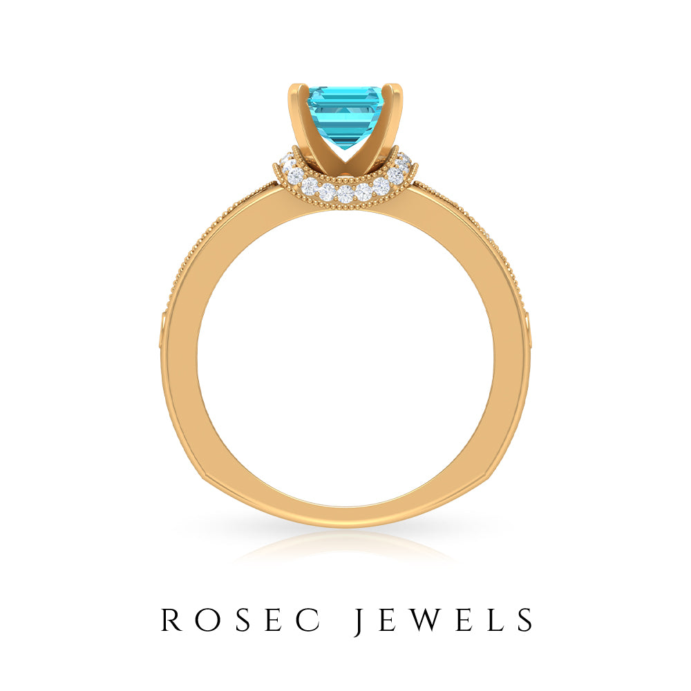 Swiss Blue Topaz Solitaire Ring with Diamond Accent and Milgrain Details Swiss Blue Topaz - ( AAA ) - Quality - Rosec Jewels