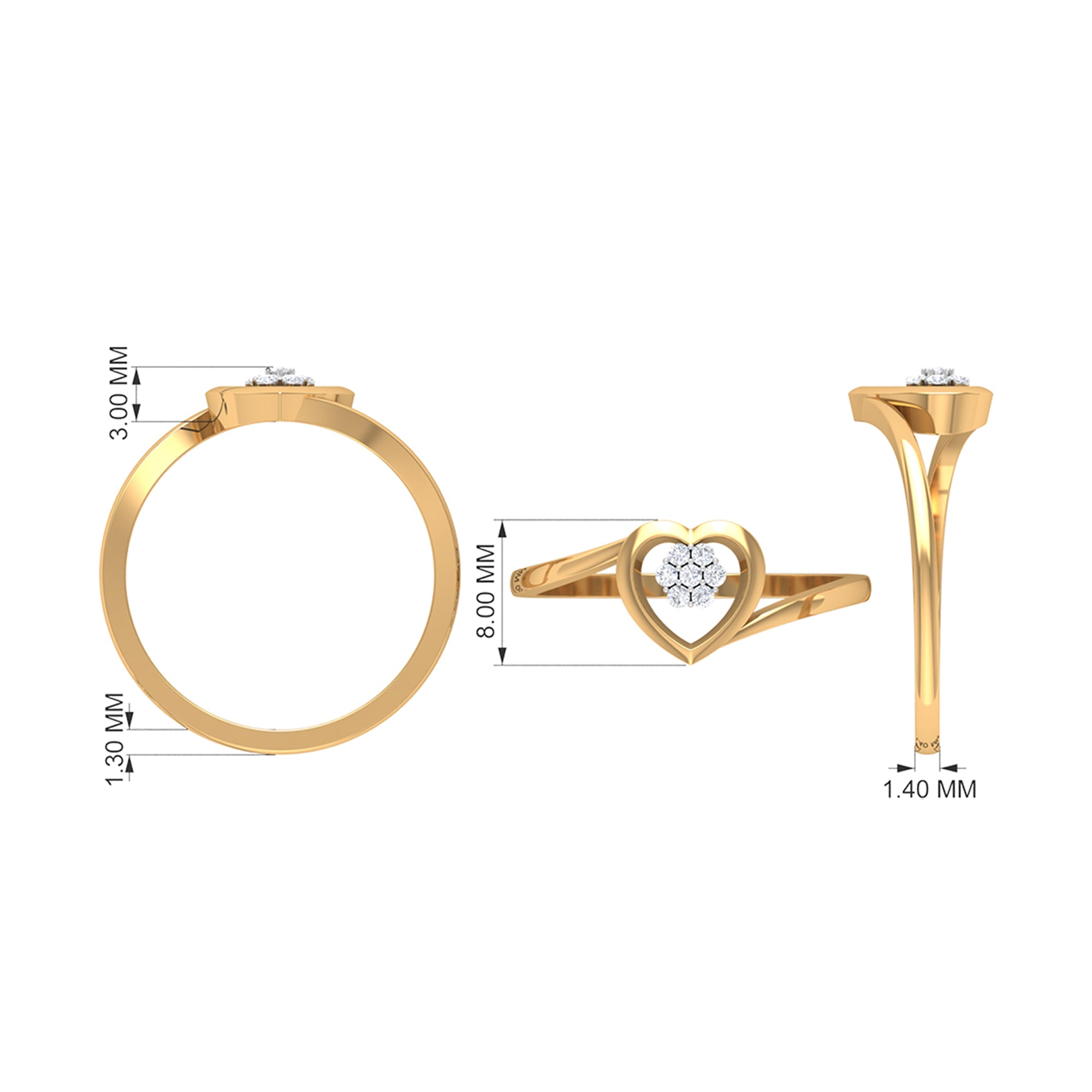 Gold Heart Bypass Ring with Diamond Cluster Diamond - ( HI-SI ) - Color and Clarity - Rosec Jewels