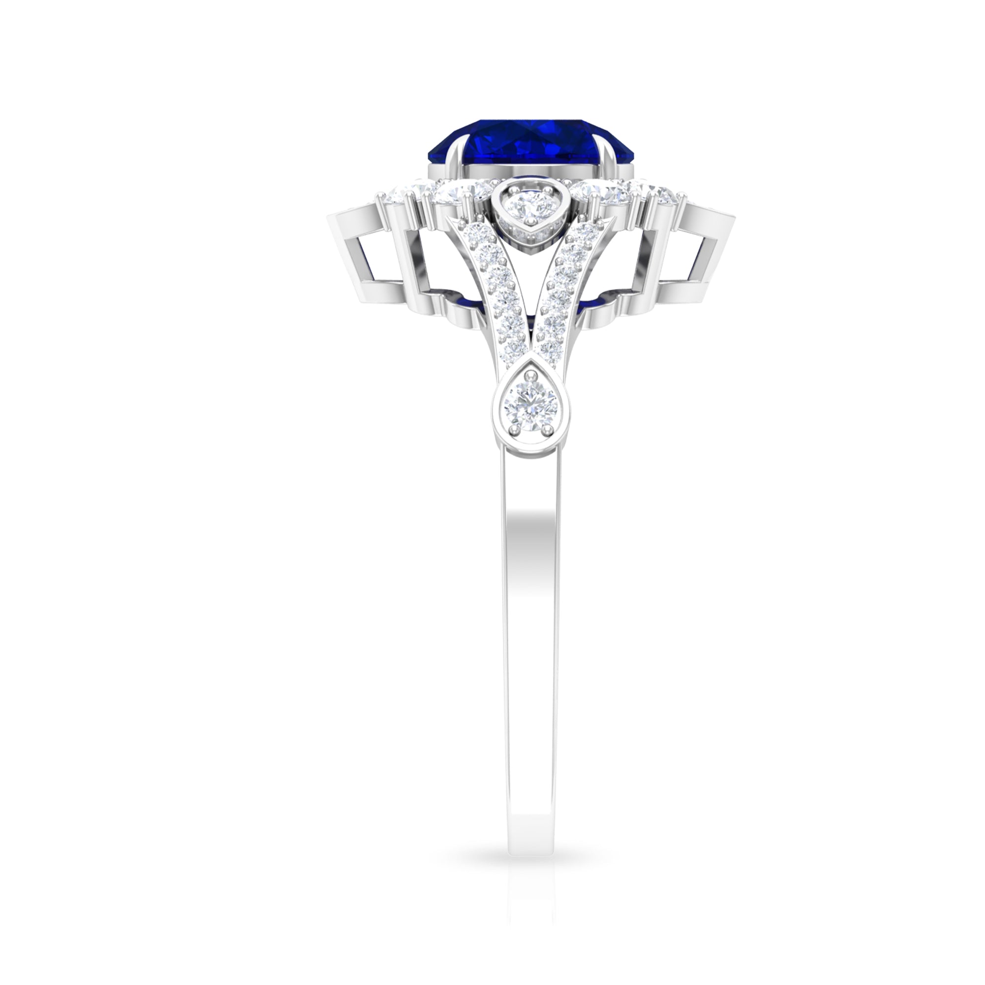 2.50 CT Vintage Inspired Created Blue Sapphire Ring with Zircon Accent Lab Created Blue Sapphire - ( AAAA ) - Quality - Rosec Jewels