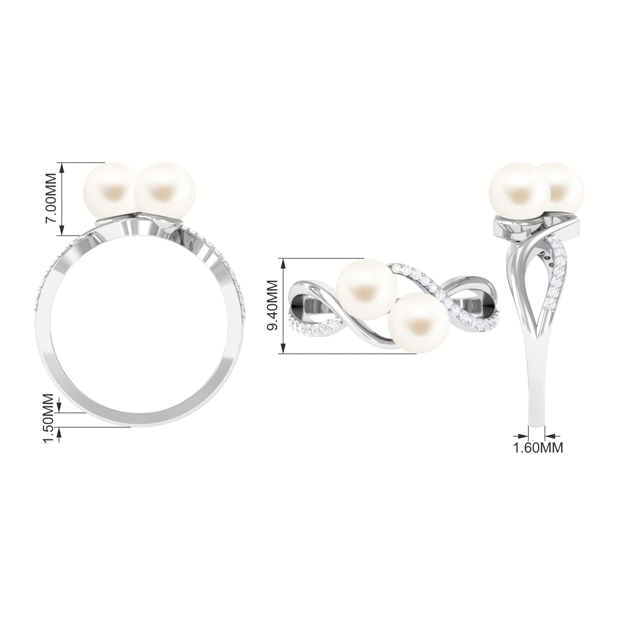 Genuine Freshwater Pearl Toi Et Moi Crossover Ring with Diamond Freshwater Pearl - ( AAA ) - Quality - Rosec Jewels