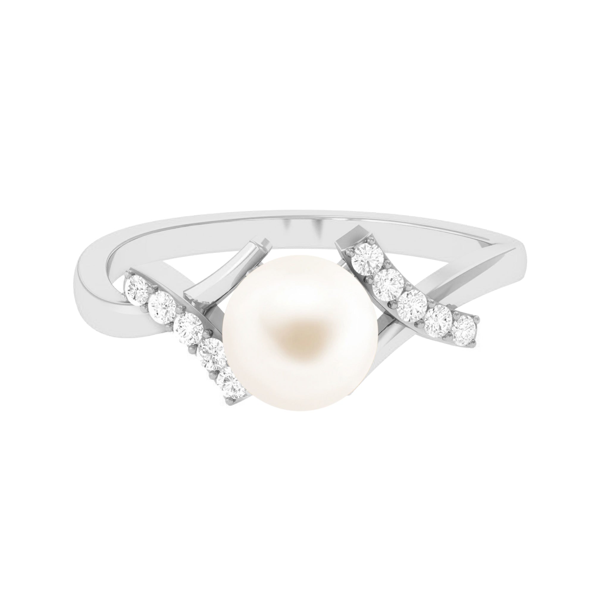 Freshwater Pearl Solitaire Crossover Engagement Ring with Diamond Freshwater Pearl - ( AAA ) - Quality - Rosec Jewels