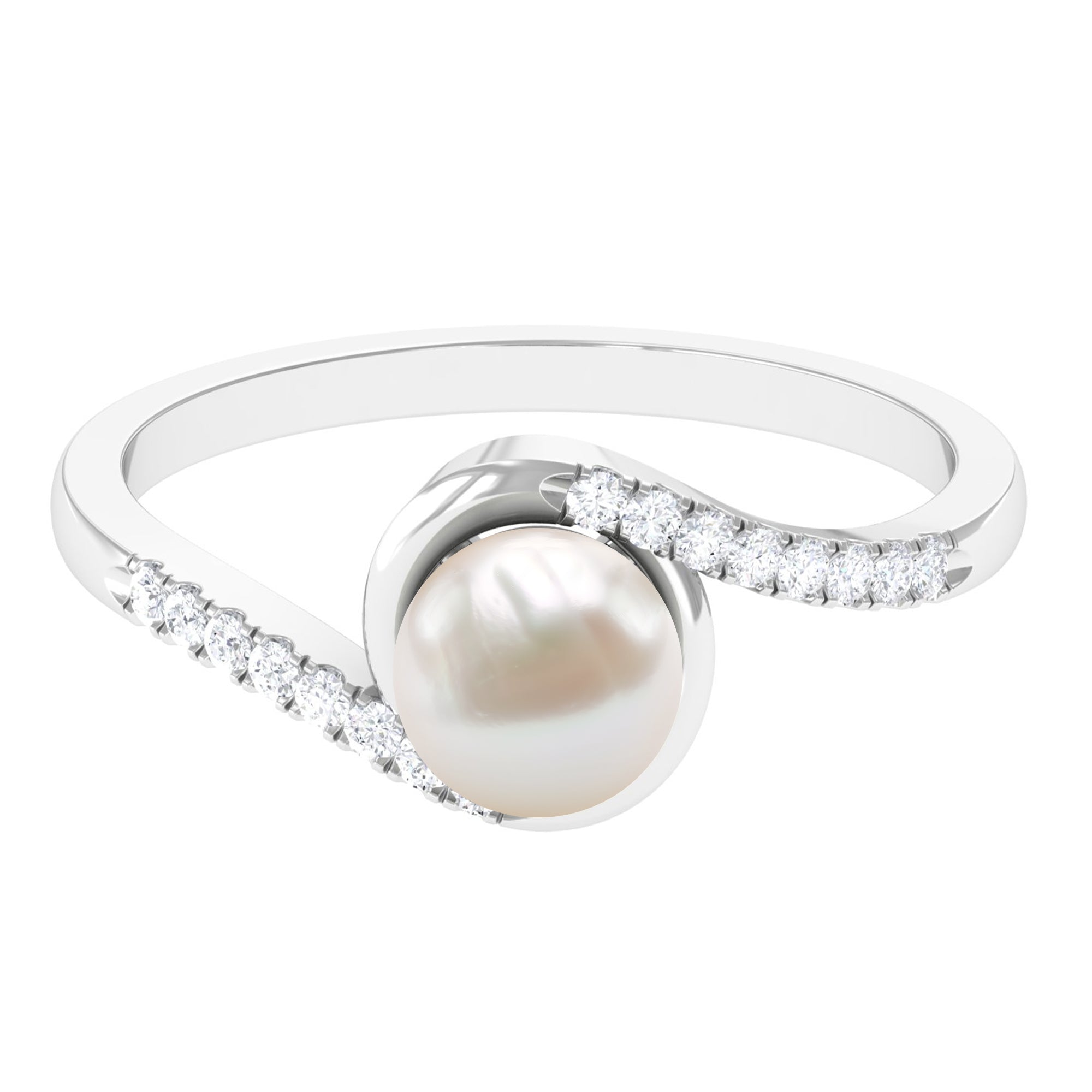 Freshwater Pearl Solitaire Bypass Engagement Ring with Diamond Accent Freshwater Pearl - ( AAA ) - Quality - Rosec Jewels