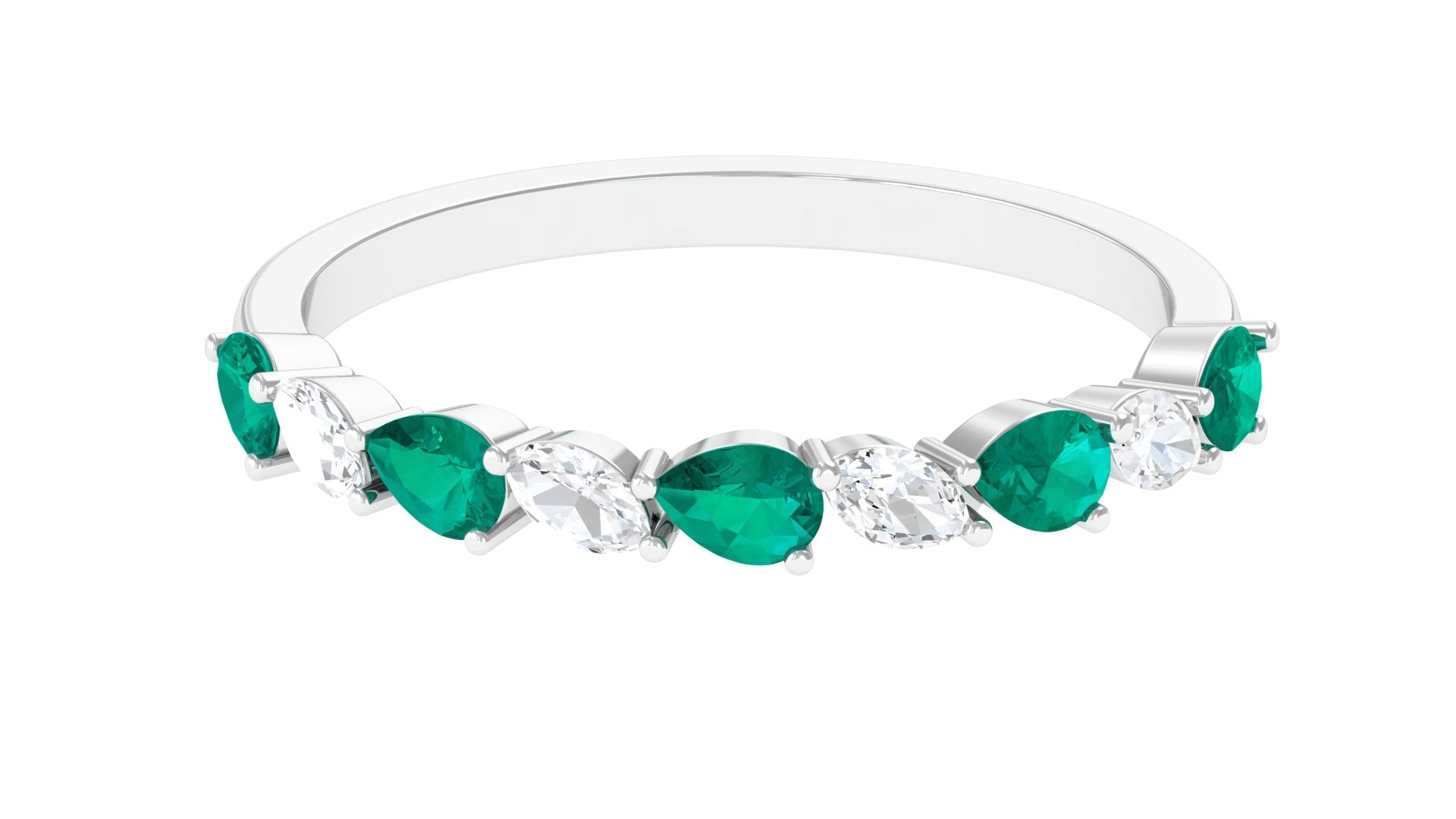 Emerald and Moissanite Half Eternity Ring in Prong Setting Emerald - ( AAA ) - Quality - Rosec Jewels