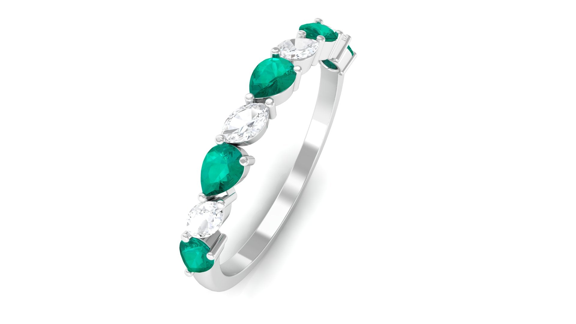 Emerald and Moissanite Half Eternity Ring in Prong Setting Emerald - ( AAA ) - Quality - Rosec Jewels