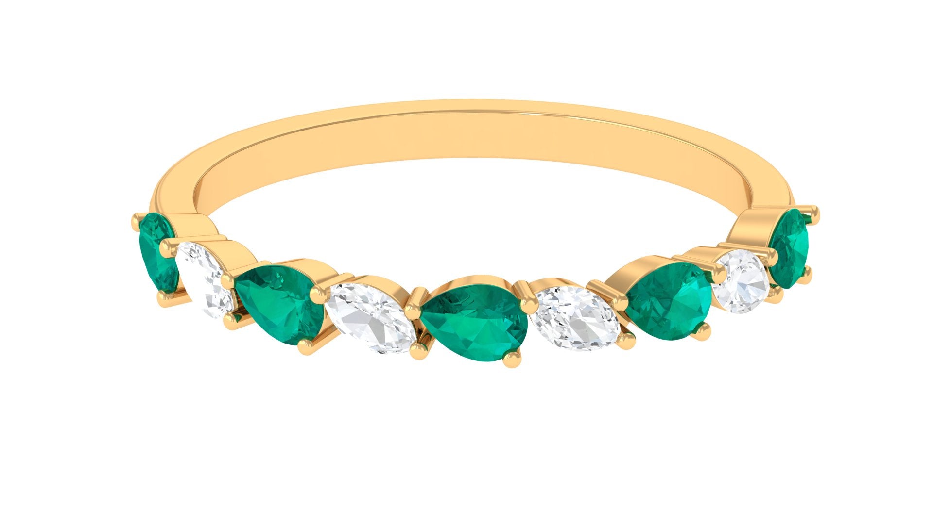 Emerald and Moissanite Half Eternity Ring in Prong Setting Emerald - ( AAA ) - Quality - Rosec Jewels