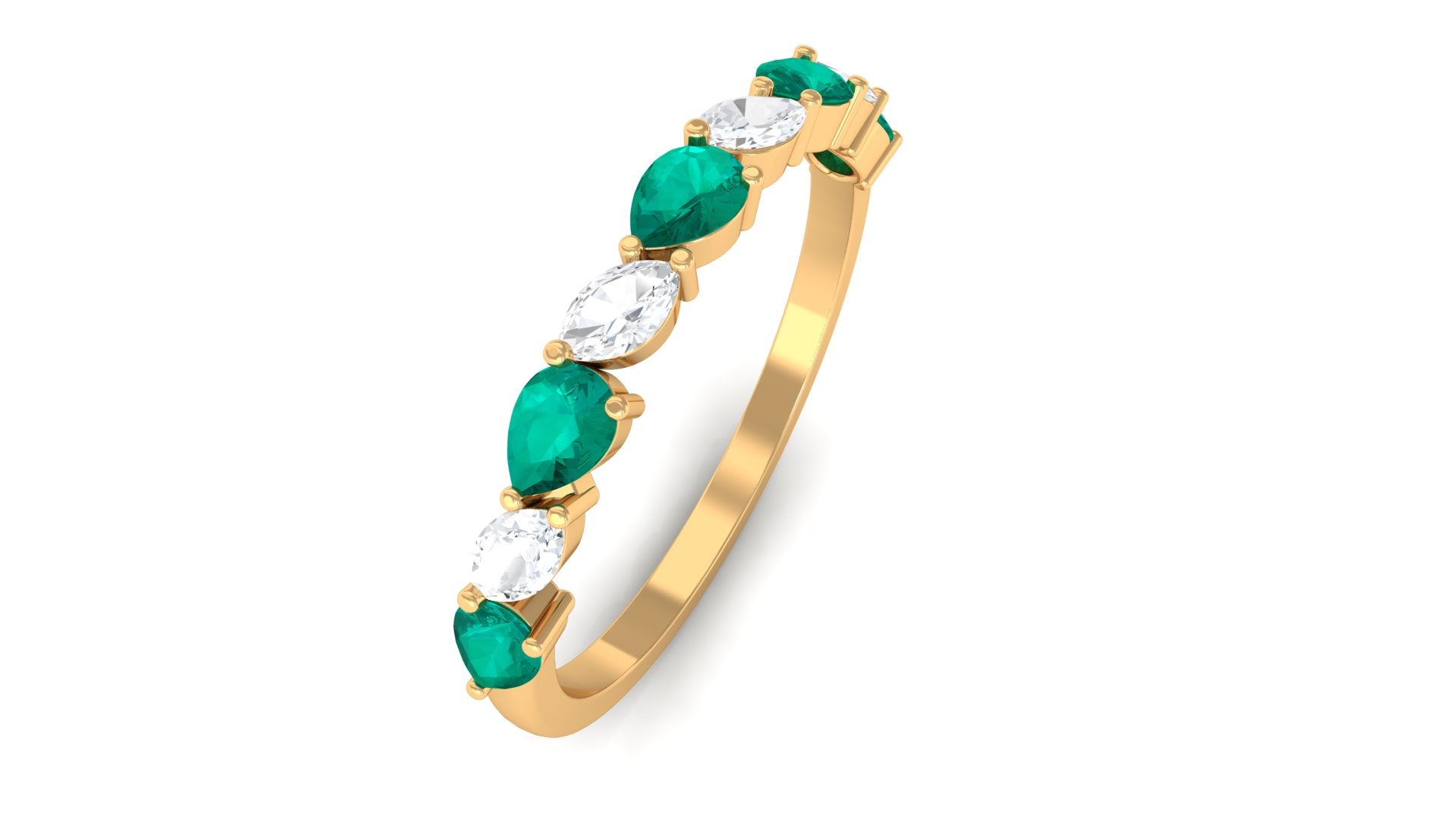 Emerald and Moissanite Half Eternity Ring in Prong Setting Emerald - ( AAA ) - Quality - Rosec Jewels