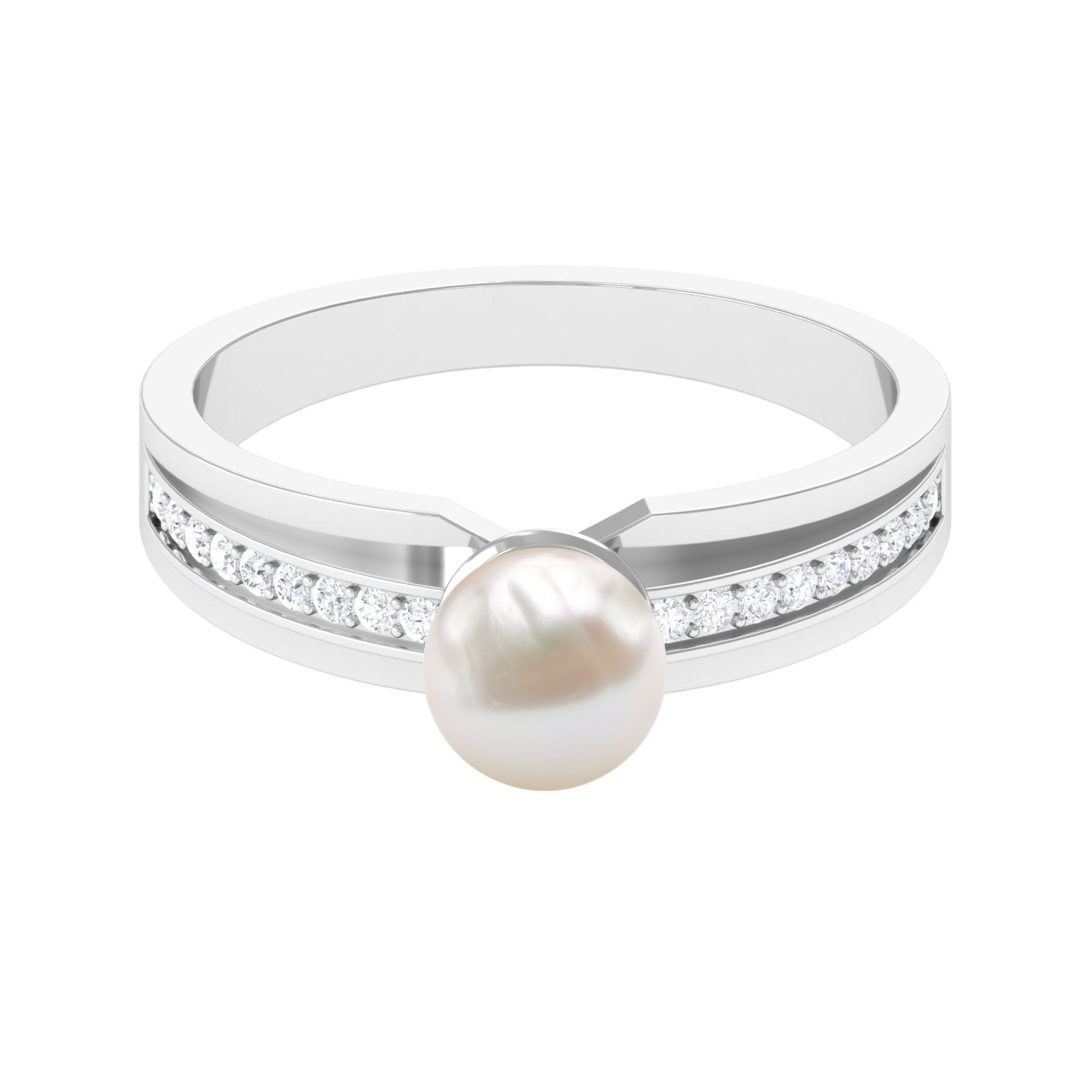 2.50 CT Freshwater Pearl Solitaire Ring with Diamond Side Stones Freshwater Pearl - ( AAA ) - Quality - Rosec Jewels