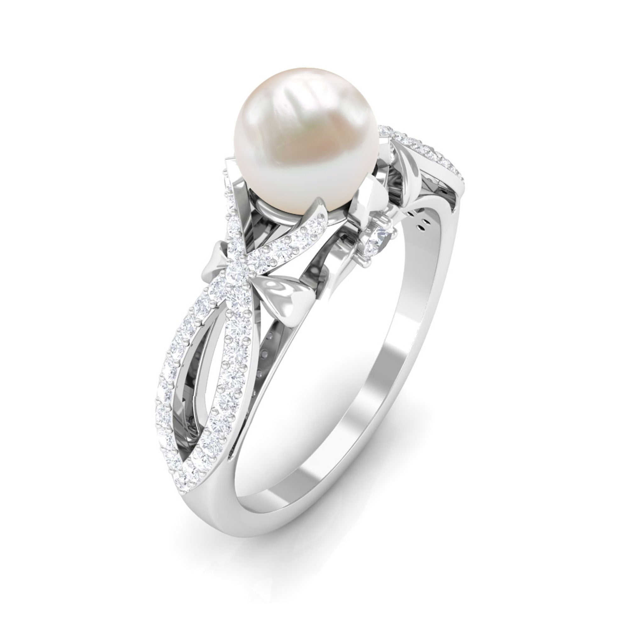 Freshwater Pearl and Diamond Crossover Engagement Ring Freshwater Pearl - ( AAA ) - Quality - Rosec Jewels