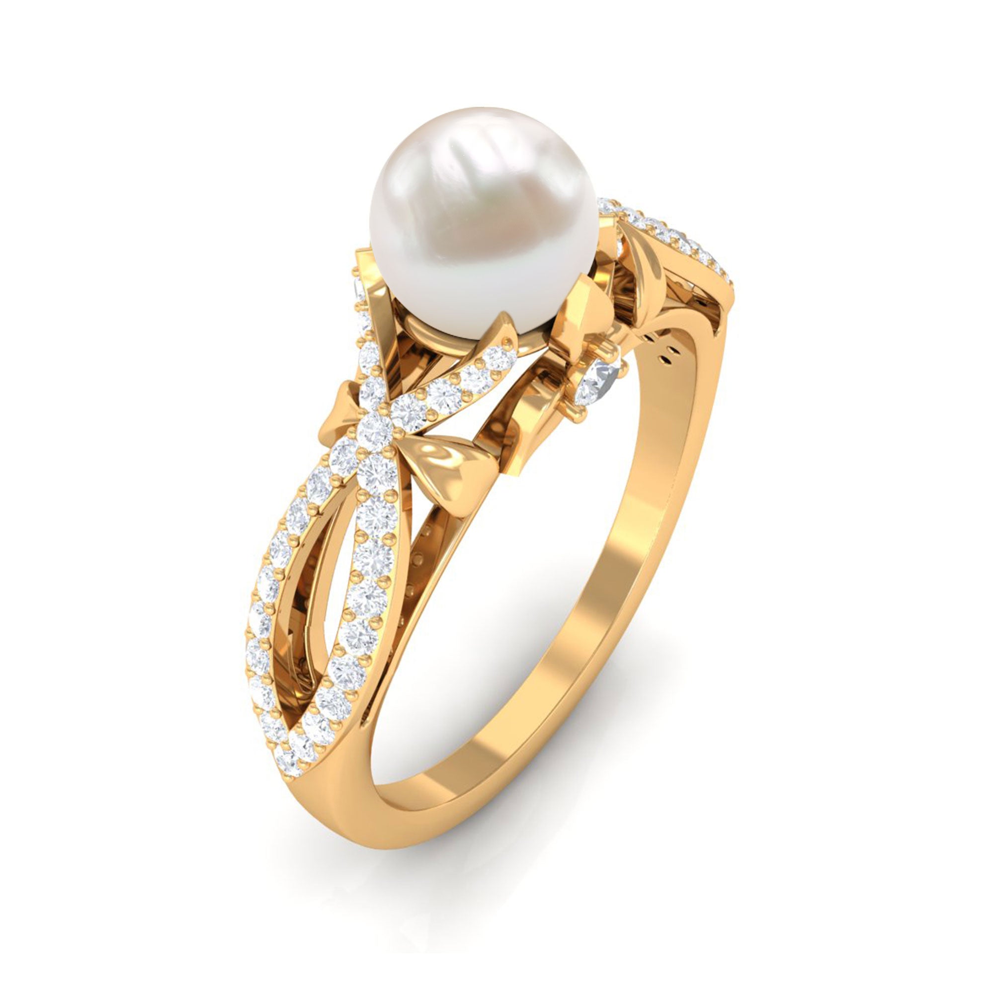 Freshwater Pearl and Diamond Crossover Engagement Ring Freshwater Pearl - ( AAA ) - Quality - Rosec Jewels