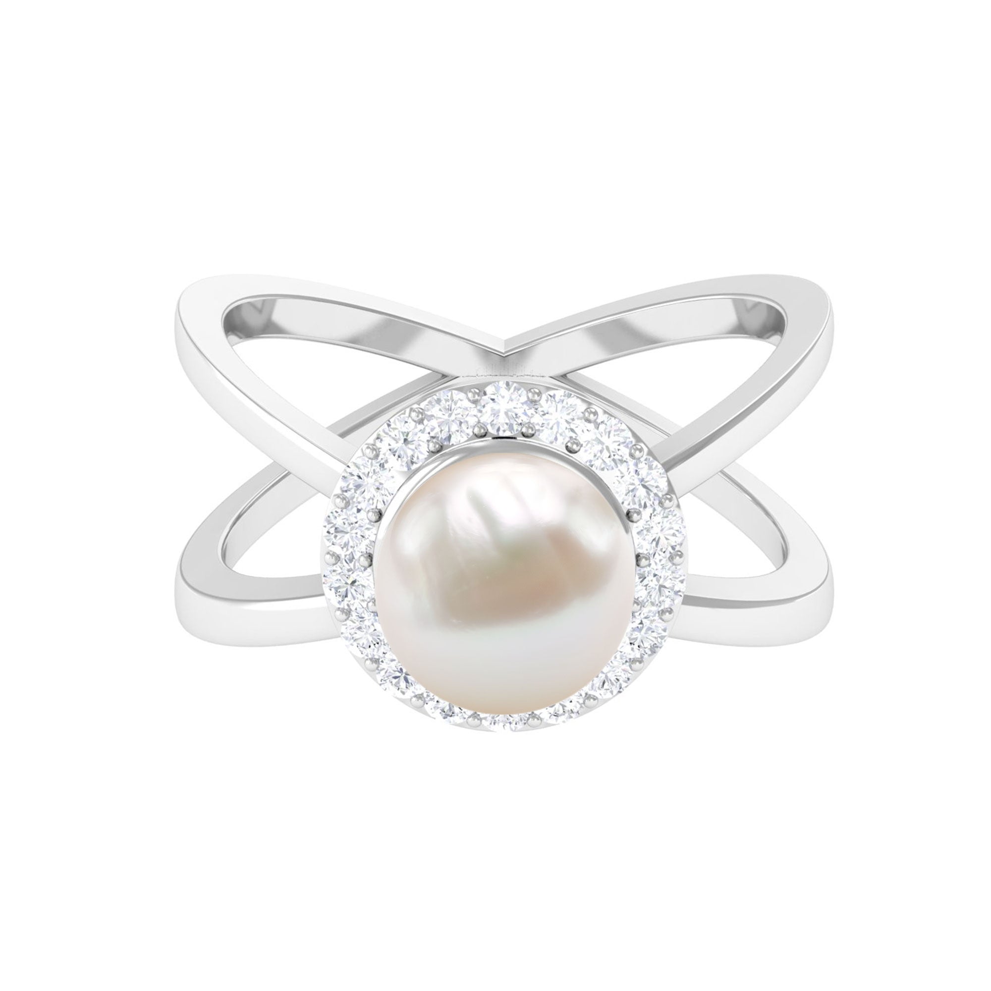 2.5 CT Freshwater Pearl Criss Cross Engagement Ring with Diamond Halo Freshwater Pearl - ( AAA ) - Quality - Rosec Jewels