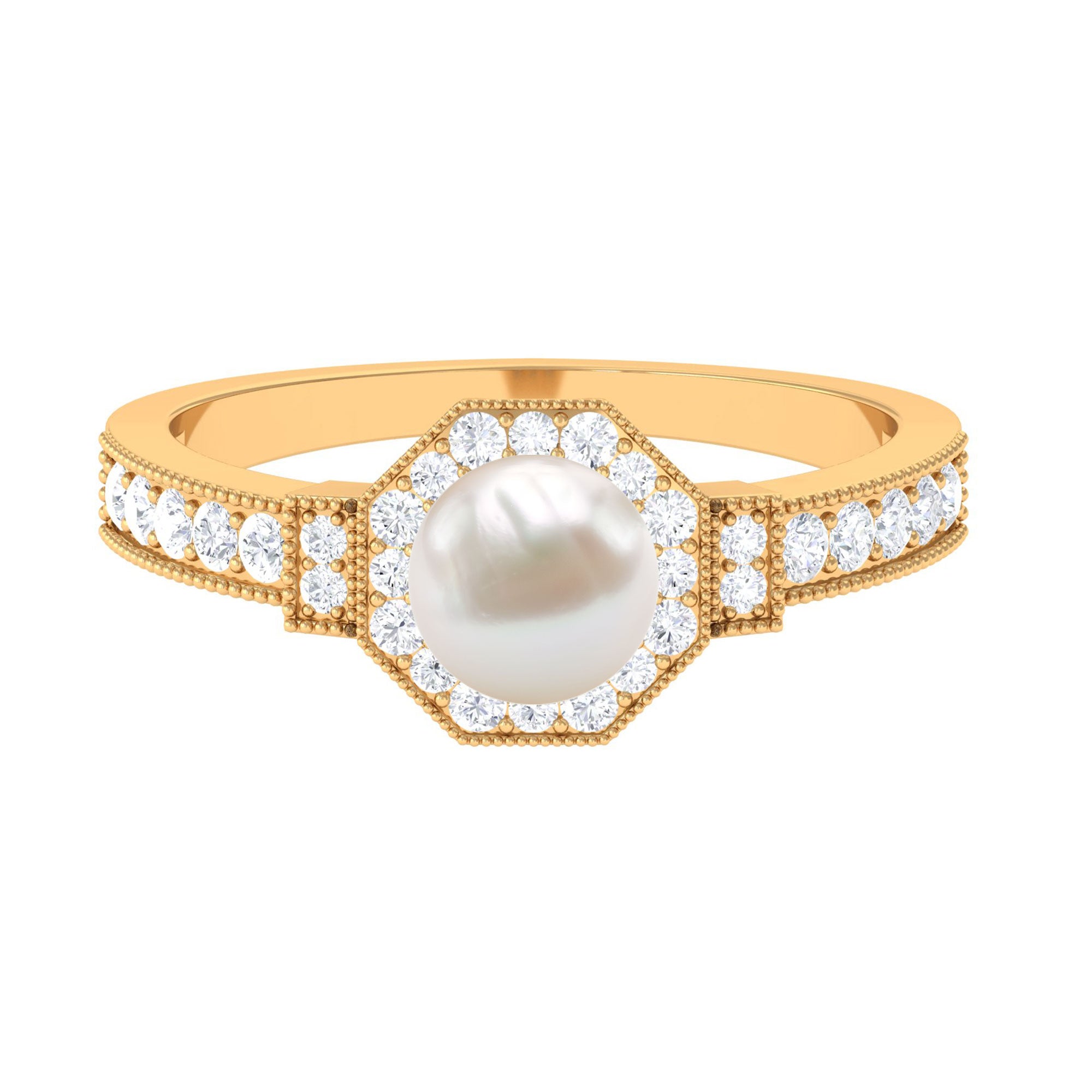 3 CT Freshwater Pearl Antique Beaded Ring with Diamond Halo Freshwater Pearl - ( AAA ) - Quality - Rosec Jewels