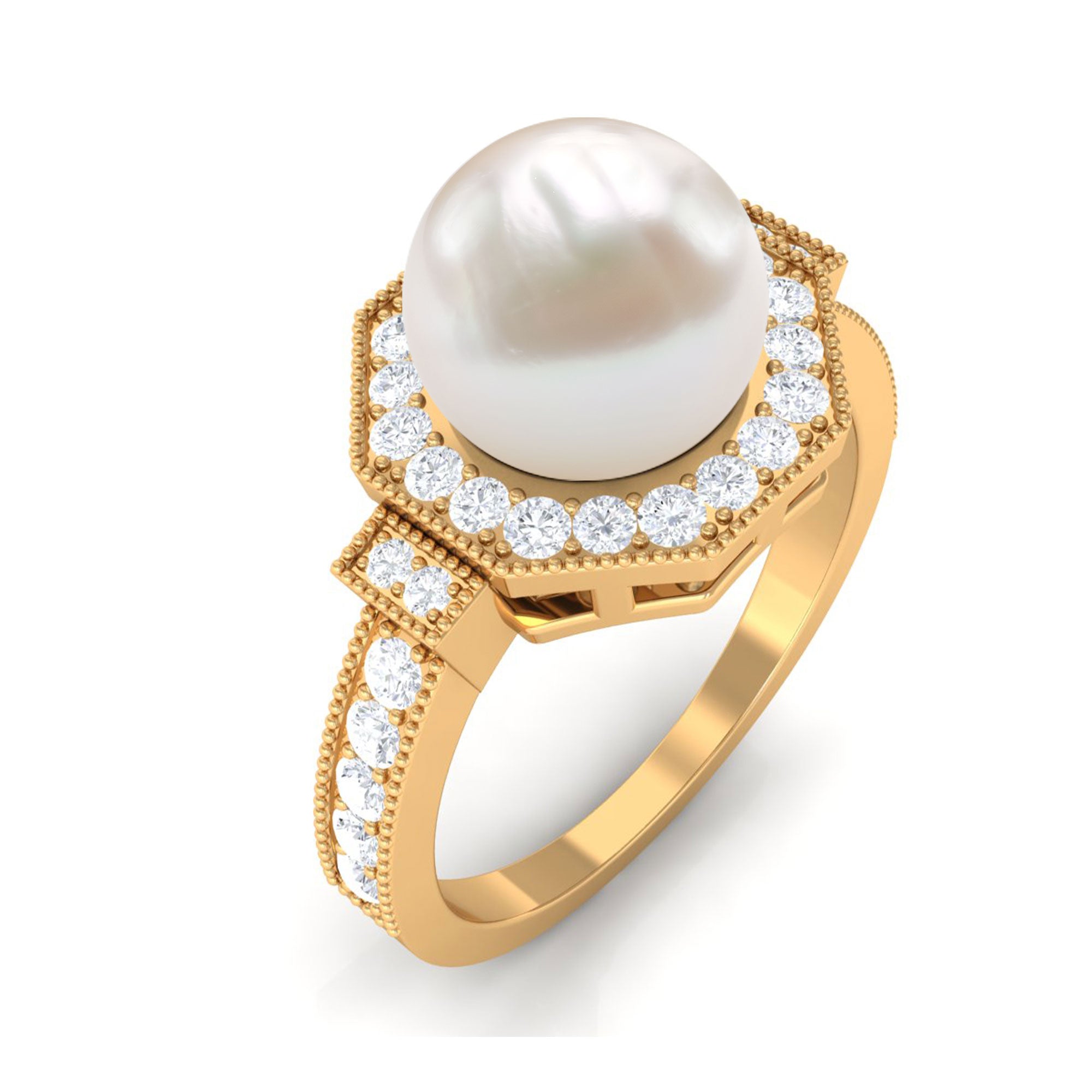 3 CT Freshwater Pearl Antique Beaded Ring with Diamond Halo Freshwater Pearl - ( AAA ) - Quality - Rosec Jewels