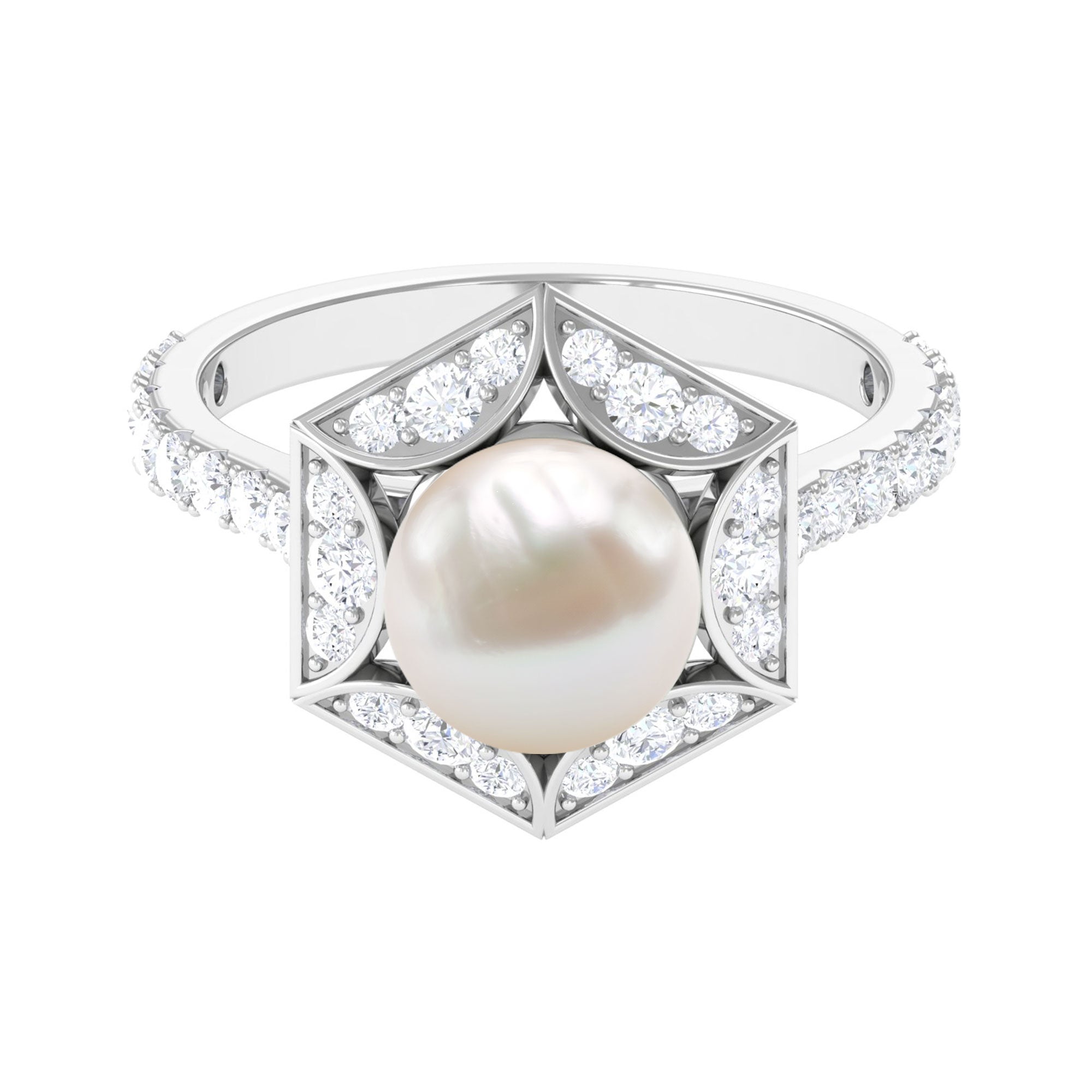 2.50 CT Freshwater White Pearl and Diamond Statement Ring Freshwater Pearl - ( AAA ) - Quality - Rosec Jewels